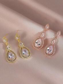 1 Pair Daily Wear CZ Women Wedding Earrings With Water Drop AAA Cubic Zirconia Party Earrings Jewelry - 黃金 - 查看 5