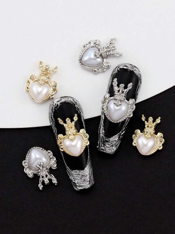 10 Pieces Of Nail Art Nail Accessories, Three-Dimensional Exquisite Crown Set With Heart And Pearl, Charming DIY Nail Products