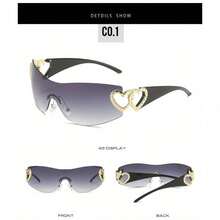 1 Pcs/Set Y2K Cutout Frameless Heart-Shaped Sunglasses, Multiple Colors Available Perfect For Daily Dates, Commuting, Street Style Outfits, Or As A Gift. Includes A Glasses Case. - Chân đen đôi mảnh màu xám - Xem 2
