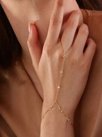 Women's Gold Chain Bracelet, Gold Ring Bracelet, Finger Ring Bracelet, Cubic Zirconia Jewelry, Summer Beach Accessories