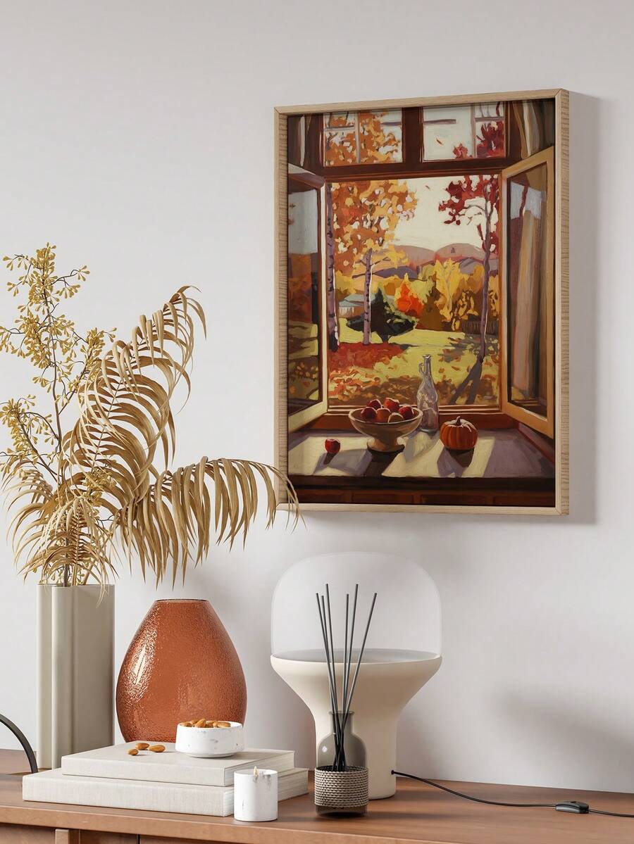 1 Piece Window View Poster Fall Art Posters Harvest Print Picture Pumpkin Decorative Paintings Maple Leaf Wall Arts Aesthetic Wall Picture Vintage Poster Set Living Room Wall Decor No Frame