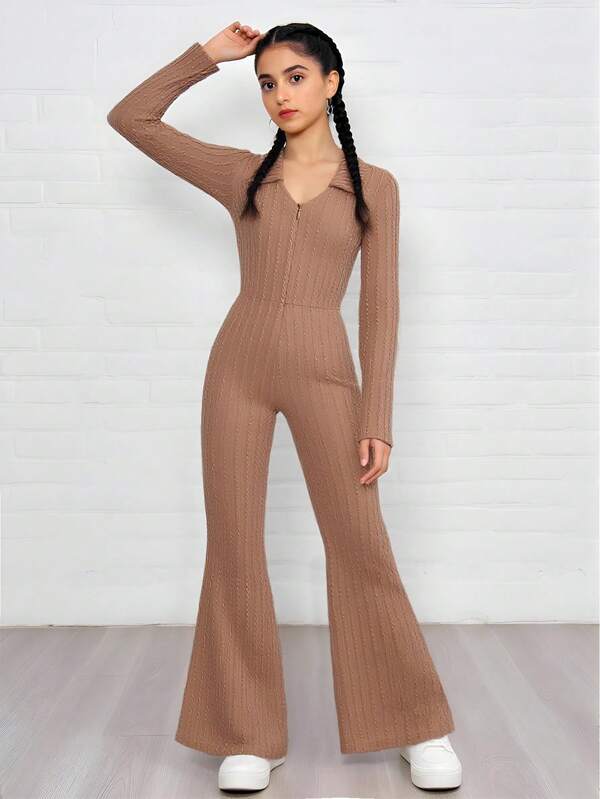 Girls' V-Neck Long Sleeve Jumpsuit, Flared Sleeve Casual Pants Outfit For Autumn