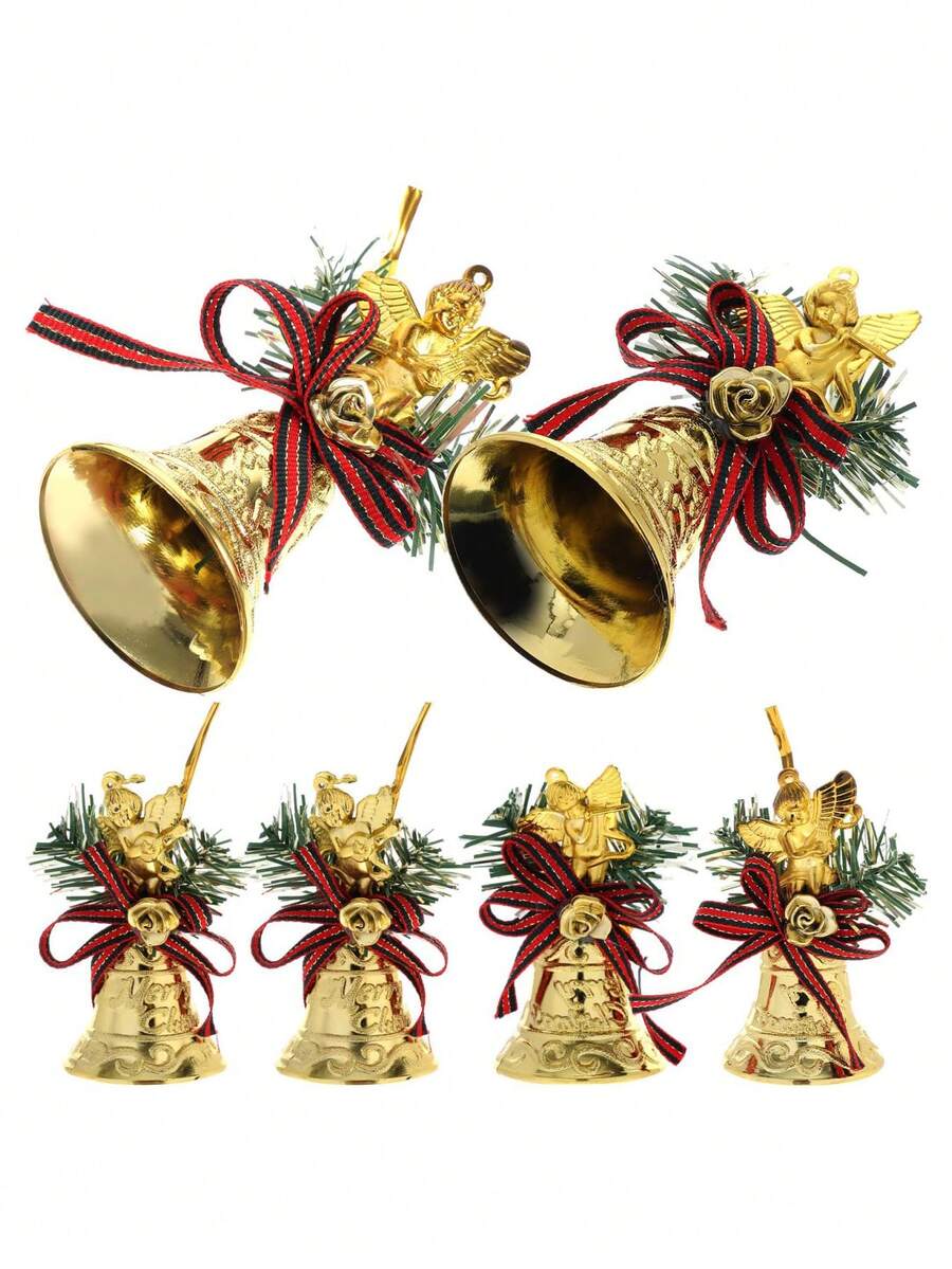 Christmas Hanging Bell Decorations, Plastic Bells With Bow Decorations - Golden Bell Christmas Tree Decorations, Suitable For Holiday Parties, Christmas Tree Decorations, Festive Decorations, Decorating Doors, Windows, And Other Occasions. - Multicolor - View 1