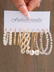 5pairs Faux Pearl Decor Hoop Earrings BXAY - Yellow Gold - View 1