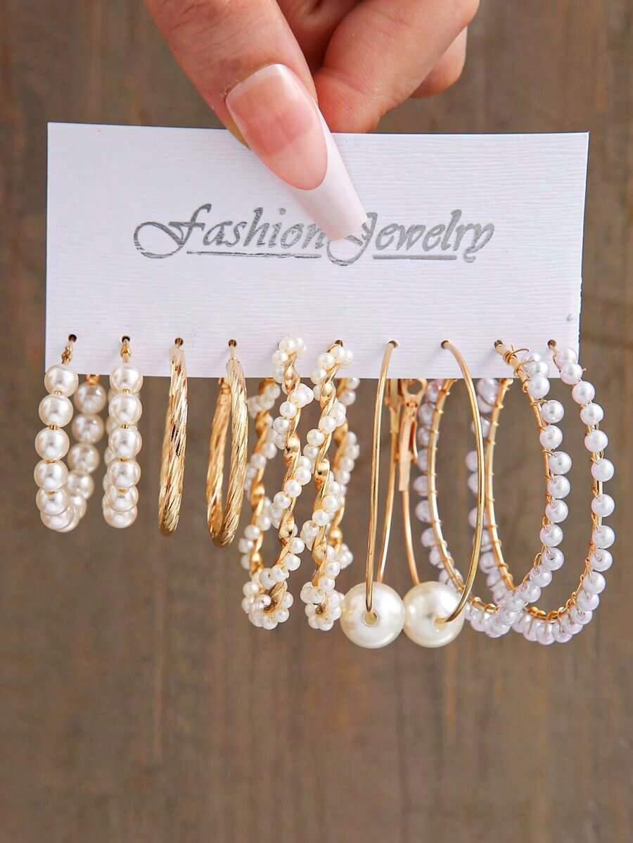 5pairs Faux Pearl Decor Hoop Earrings BXAY - Yellow Gold - View 1