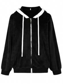 1pc Color Block Patchwork Faux Wool Pocket Hoodie Jacket, Casual Wear For Daily, Dating, Travel In Winter