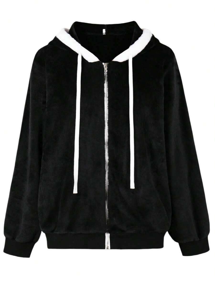 1pc Color Block Patchwork Faux Wool Pocket Hoodie Jacket, Casual Wear For Daily, Dating, Travel In Winter