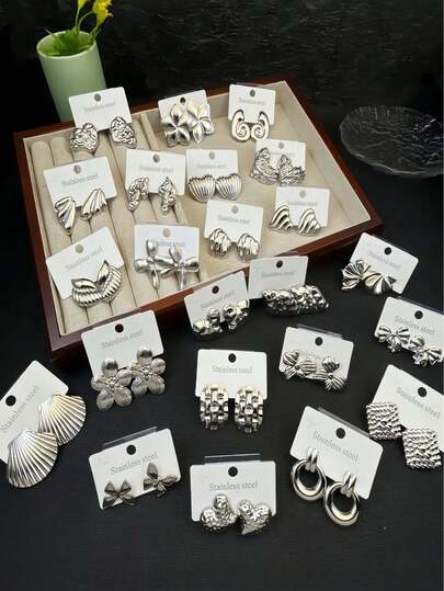 20pcs Fashionable Earrings, Casual, Unique, Retro Stacking Ring Styles, Embedded With Shiny Mixed Elements, Made Of 304 Stainless Steel, Decorated With Seashell/Starfish/Flowers, Suitable For Daily Wear And Party Accessories. Randomly Shipped.