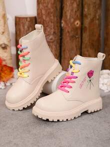 1 Paar weiße Schnürstiefel in Große Größen für Teenager-Mädchen, aus weichem PU-Material, mit Regenbogenspitze, Rosengraffiti-Muster, runder Zehenbereich, Plateau, modische und niedliche Kurzstiefel, geeignet für Mädchen von 3-12 Jahren für Alltag, Schule, Urlaub, Herbst/Winter Neuheit
