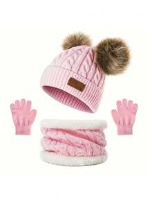 3 Stücke Kinder gestrickter Hut, Schal und Handschuhe Set, Kinder warmer Pompon Hut, Schal und Handschuhe für Outdoor, Lässig, Kleinkind 2-6 Jahre