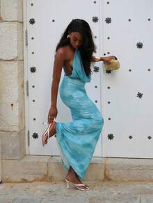 Yess Loren Solid Blue Color Backless Spaghetti Strap Bodycon Dress, Elegant Beach Holiday Dress, Backless Long Dress, Spring/Summer,Bohemian Clothes,Bodycon Dress