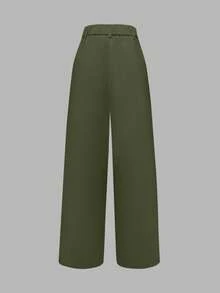 ANCHOSE Damen Casual einfarbige Hose mit hoher Taille, Taschenentwurf, weite Passform, Frühling - Armeegrün - Übersicht 3