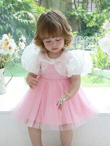 Đầm công chúa màu hồng tay phồng bằng vải voan thanh lịch cho bé gái 0-4 tuổi, thích hợp cho tiệc sinh nhật lần thứ nhất, tiệc chiêu đãi, đám cưới. - Hồng - Xem 10