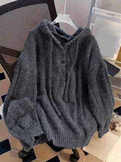 Cardigan tricoté à capuche décontracté pour femmes, coupe ample à manches longues avec poches avant, capuche à cordon ajustable, design simple, pull confortable, automne/hiver