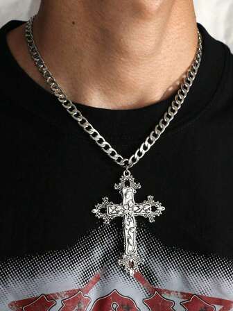 Vintage Gothic Style Big Cross Necklace, Floral Cross Necklace, Gothic Hip Hop Chain Necklace For Women And Men