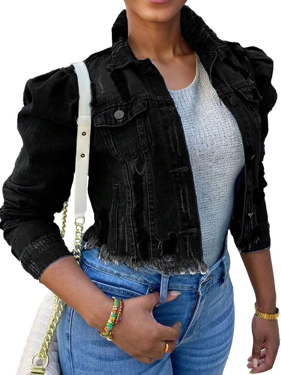 Women's Long Puff Sleeve Denim Jacket, Short Distressed Jean Coat, Ripped Denim Top - Black - View 1