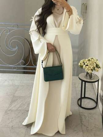 SuofeiMan New Modest Middle Eastern Style Abaya, Solid Color Casual Soft Comfortable Long Cardigan With Bow Tie Belt, Suitable For Holidays And Daily Wear