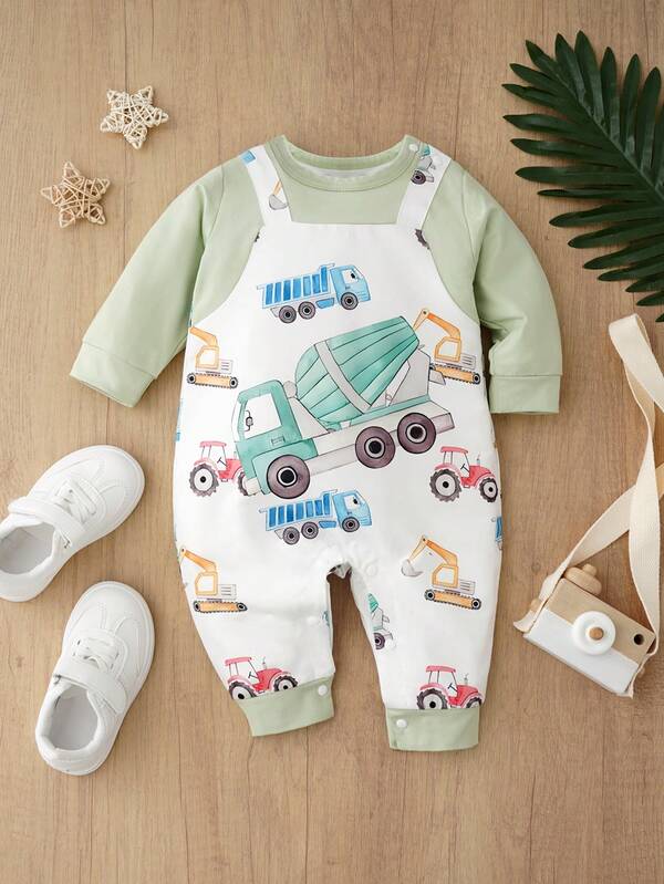 Autumn/Winter Baby Romper With Cartoon Truck, Mixer Truck, Excavator Prints, Cute Outerwear For Infants