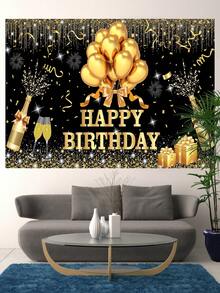 1 Peça Painel de Fotografia de Aniversário Feliz Preto e Dourado, Balões Brilhantes, Pontos, Fogos de Artifício, Faixa de Festa, 59.1*39.4/82.7*59.1/106.3*70.9 Polegadas, Taças de Champanhe, Caixa de Presente, Bottom de Foto Interno e Externo, Decoração de Chá de Bebê