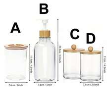 4 pièces Set de rangement transparent pour salle de bain, décoration de salle de bain d'été, rentrée scolaire. Comprend un support pour cotons-tiges, un pot pour tampons de maquillage, un gobelet pour brosse à dents et un flacon presseur. Collection pour la salle de bain, indispensable pour la maison et les voyages.