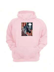 Blusa Moletom Flanelado Estampa Cavalo Usa Modelo Country Confortavél Alta Qualidade Com Capuz - Rosa chiclete - Visão 1