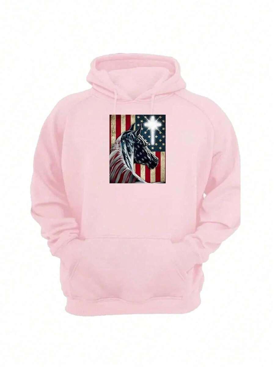 Blusa Moletom Flanelado Estampa Cavalo Usa Modelo Country Confortavél Alta Qualidade Com Capuz - Rosa chiclete - Visão 1