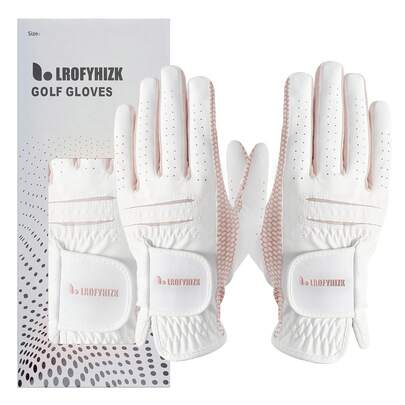1 Pair Women's Golf Gloves, Left & Right Hand, White & Pink PU Leather, All-Weather, Soft, Durable, Snug Fit, Elegant