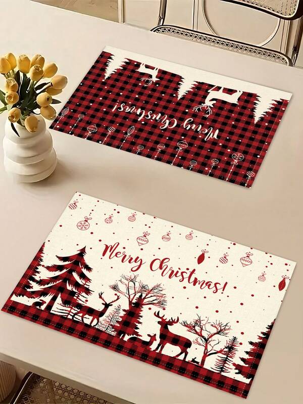 Juego de 1/2/4/6/8 piezas de manteles individuales con diseño de renos y cuadros rojos de Navidad, tamaño 12 X 18 pies, manteles rectangulares aislados de lino, adecuados para decoración del hogar, decoración de fiestas, reuniones navideñas, decoración navideña, cocina, restaurante, decoración de mesa de comedor del hogar