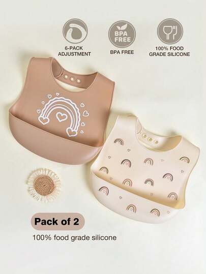 2 件套硅胶婴儿围兜 - 防漏、防污、柔软、可调节、耐煮、便携、彩虹围兜，适合男孩和女孩日常使用、外出、用餐