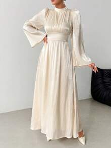 女士优雅立领长袖连衣裙，派对礼服，婚礼宾客礼服，仙女风，毕业礼服，生日礼服，返校季春季穿搭 - 香檳色 - 查看 3