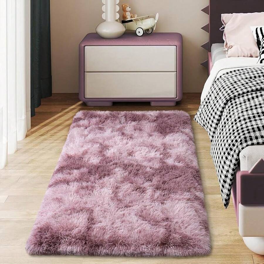 Soft Fluffy Shag Throw Area Rug, 2x4 Black, Non-Slip Bedroom, Hallways, Bedside, Dorm, Living Room - Long Shaggy Rug - 紮染灰紫色 - 查看 1