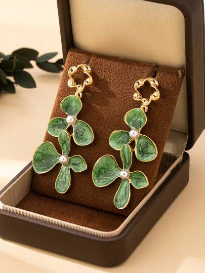 2pcs Vintage Elegant Green Oil Drop Flower Earrings, Suitable For Women's Daily, Party, And Holiday Wear