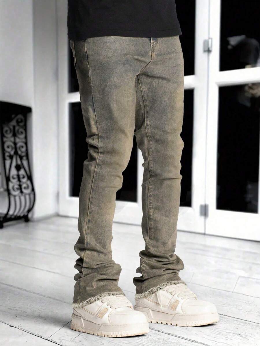 Blugi skinny elastici, croială slim, culoare solidă, din denim spălat, Y2K, blugi micro-evazați pentru bărbați, la modă și versatili - Galben - Vizualizare 1