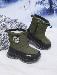 儿童雪地靴，男女童冬季保暖靴，保暖内衬户外鞋，厚底学生靴 - 軍綠色 - 查看 5