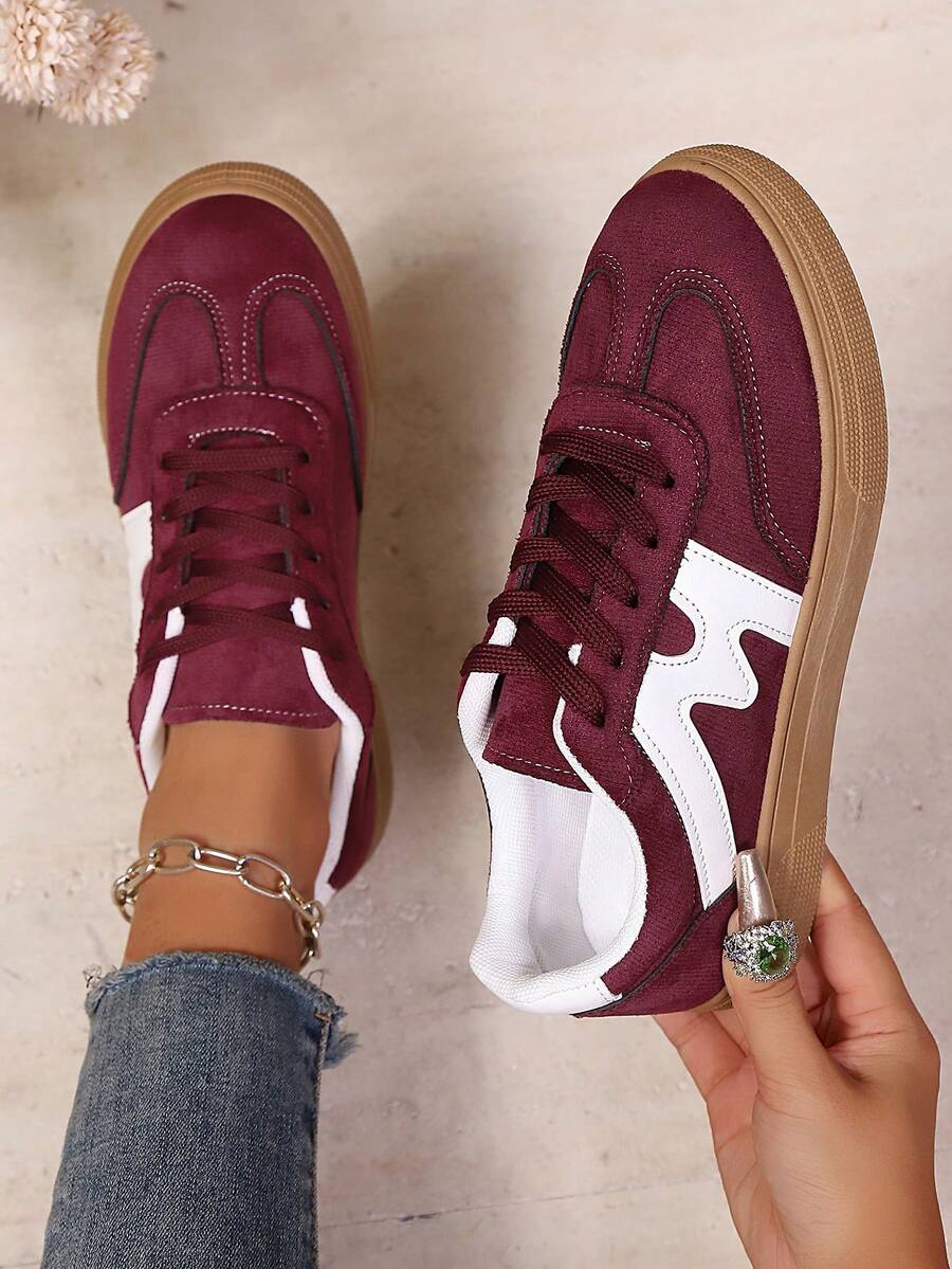 New Casual Sports Shoes, Brown Fashion Versatile Trainers, Faux Suede Lace-Up Women Sneakers, Student Shoes - Red Violet - View 1