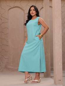 Women's Linen Midi Dress With Pockets, Plain, Wide Straps, Elegant - Mint Blue - View 3