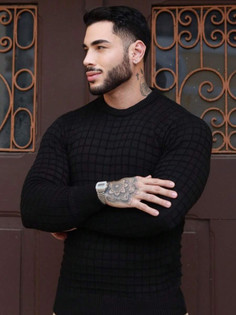 Men's Striped Knitted Sweater Blouse - Black - View 1