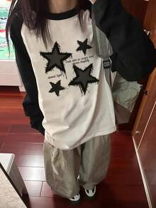 Women's Loose Casual Versatile Printed Raglan Sleeve Contrast Color Cartoon Print Long Sleeve T-Shirt - Black and White - View 3