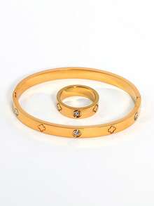 2 件/套 18K 镀金 316L 不锈钢四叶草手链和戒指首饰套装，适合女性日常佩戴，经典欧美花卉设计，镶嵌方晶锆石，大方奢华的休闲金饰，婚礼首饰套装，送给女孩、女士、母亲、亲戚、朋友的礼物，美丽的婚礼、生日、母亲节、女朋友、情人节 - 金色 - 查看 5