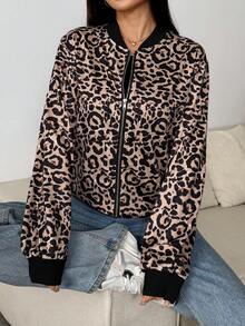 1pc Leopard Print Zipper Jacket New Loose Casual Sports Outerwear - Brown - View 5
