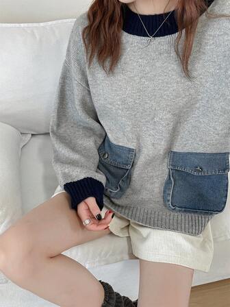 Suéter de punto de cuello redondo con parches de color contrastante, nueva versión coreana suelta y suave para mujer