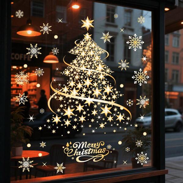 2pcs Gold Christmas Tree Window Cling Stickers, Large DIY Static Cling Wall Window Door Mural Display Decals
