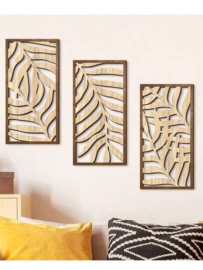 1 Set kleine rustikale Holz-Wandkunst mit Palmblatt - Abstrakte Monstera-Blatt-Dekoration, geeignet für Wohnzimmer, Schlafzimmer, Büro | Minimalistische Bananenblatt-Skulptur, geeignet für den Innenbereich, Wanddekoration | Tropisches Thema | Holzrahmen