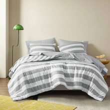 Fluffy 2/3/5/7 Pieces Stripe Textured Print Comforter Set, 200 Gsm Lightweight & Breathable Bedding Sets, All Season Home Textile Fits Modern Bedroom Decor, Halloween Christmas Thanks Giving Gifts - Xám - Xem 3