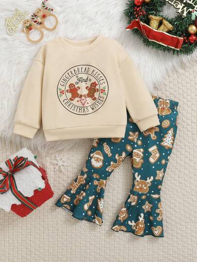Baby Girl Christmas Gingerbread Letter Print Long Sleeve Sweatshirt And Green Snowman All-Over Print Flare Pants Set, Autumn/Winter
