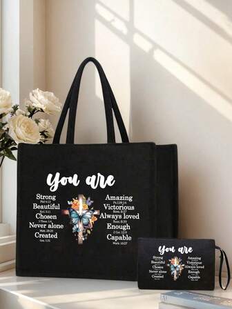 Black Linen Tote Bag With Zipper Storage, Cross Butterfly Floral Letter Pattern, Women's Handbag, Birthday, Party, Holiday Gifts, Christian Themed Handbag And Makeup Bag Set, Holiday Style Letter Design Shopping Bag, Suitable For Weddings, Birthdays, And Is The Best Gift For Family And Friends. Suitable For Men And Women, Couples, Daily Use,