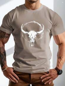 Plus Size Men's Summer T-Shirt, Western Bull Skull Art Graphic Print Short Sleeve Tees  Casual Tops For Daily Life, Big & Tall Guys - 黑色 - 查看 9
