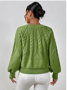 AQE FASHION Casual Solid Color Round Neck Lantern Sleeve Sweater, Autumn/Winter - Green - View 3