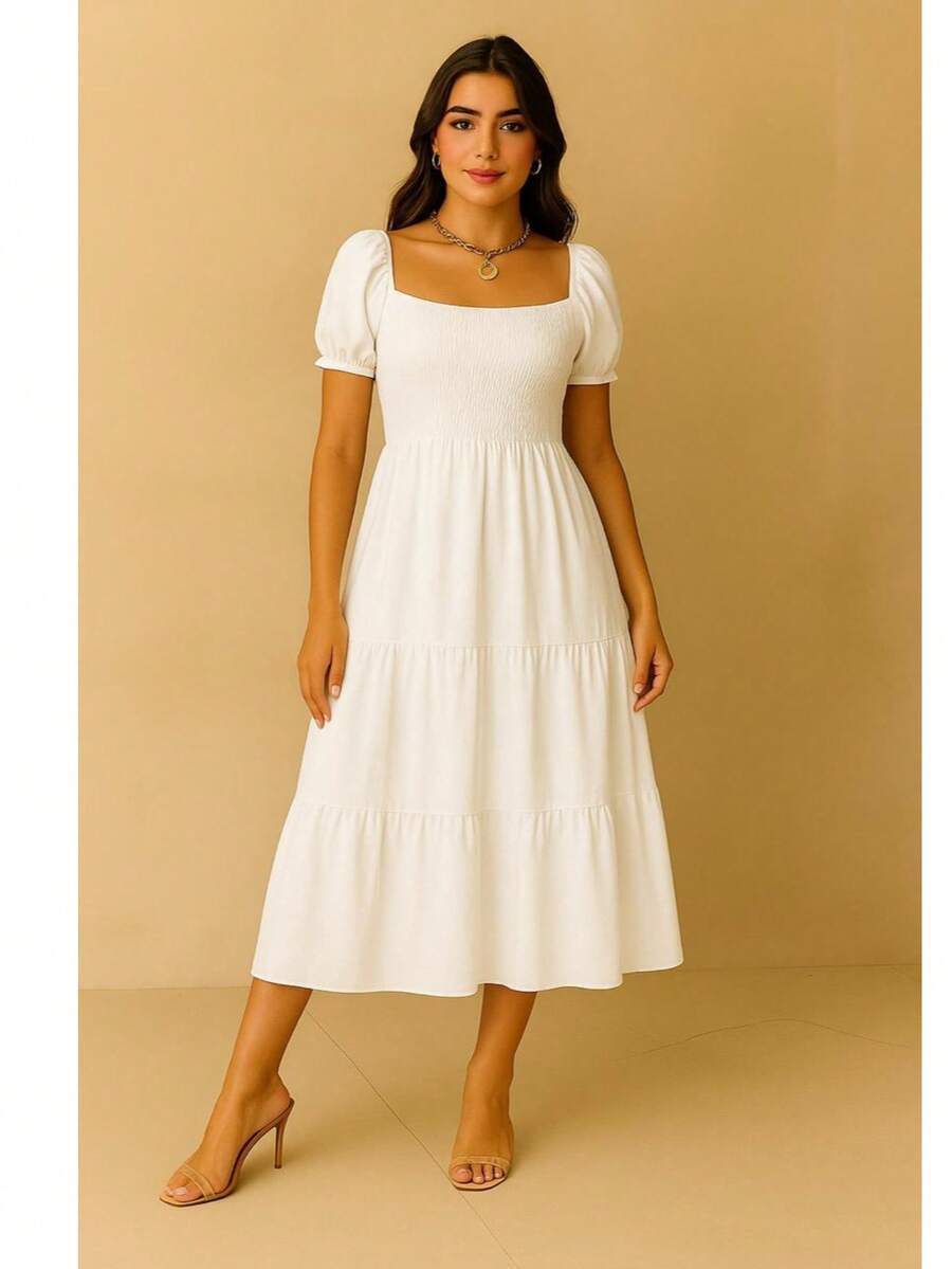 Vestido estilo bohemio liso, largo al tobillo, manga puff, escote cuadrado y parte superior fruncida con elástico que se adapta a diversas siluetas. - Blanco - Ver 1