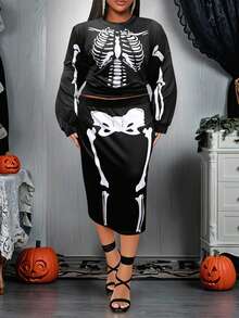 2025 Plus-Size Halloween Costume New Casual Plus-Size Two Pieces Suit, Early Autumn And New Autumn, Day Of The Dead, Easter, Western Style, Parties, Student Costumes, Holiday Restrictions, Role-Playing Dances And Other Scenes, Popular Online Goods, Skull Pattern Printing, Knitted Fabrics, Suitable For Going Out To Wear.